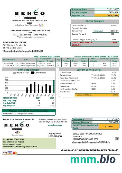 USA Minnesota Benco elecric electricity łatwy do wypełnienia szablon rachunku za media Biznesowe w formatach Word i PDF